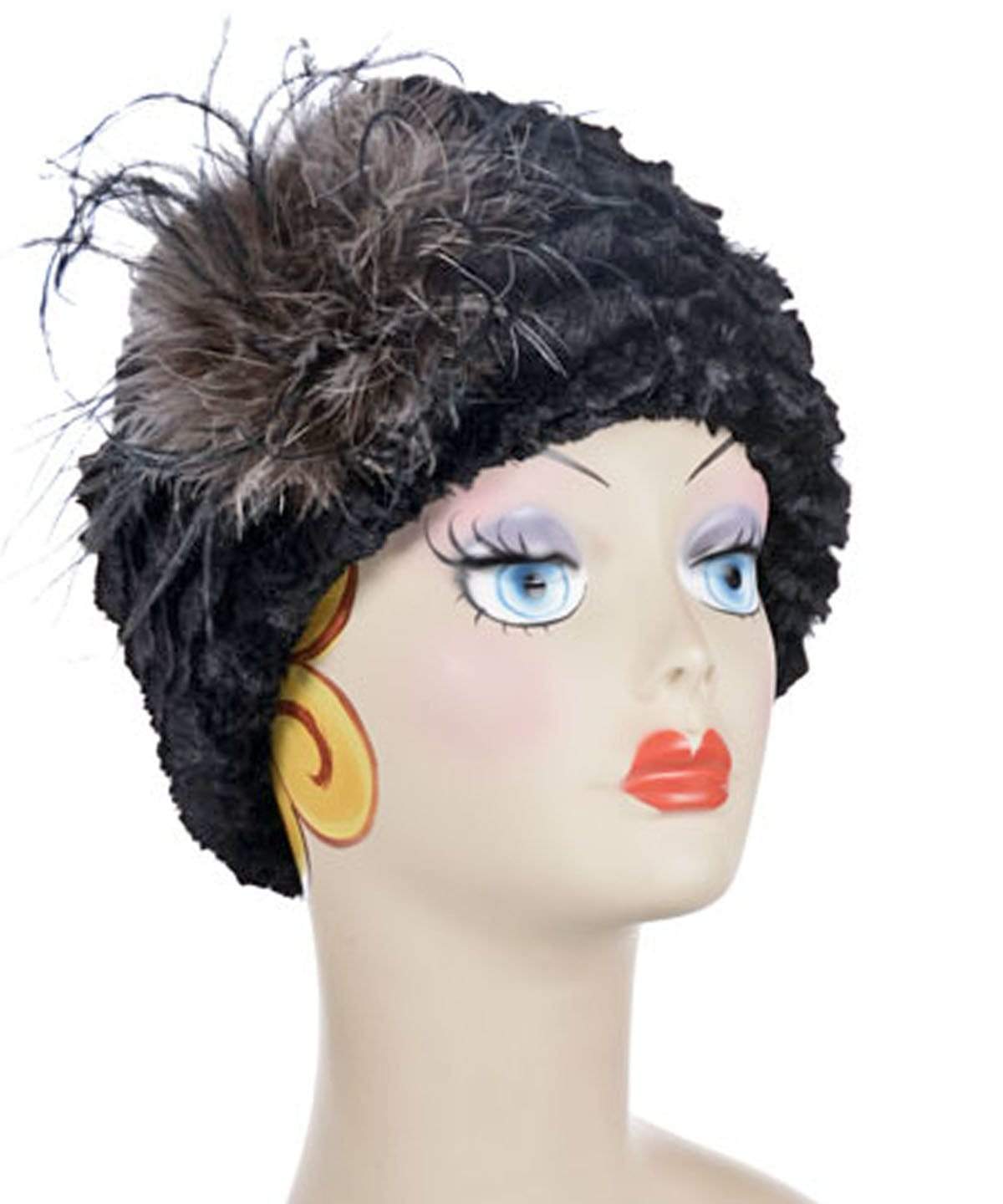 Beanie Hat reversible in Midnight Desert Sand and Cuddly Black Faux Fur, with Ostrich Feather Trim. Handmade by Pandemonium Millinery in Seattle, WA.