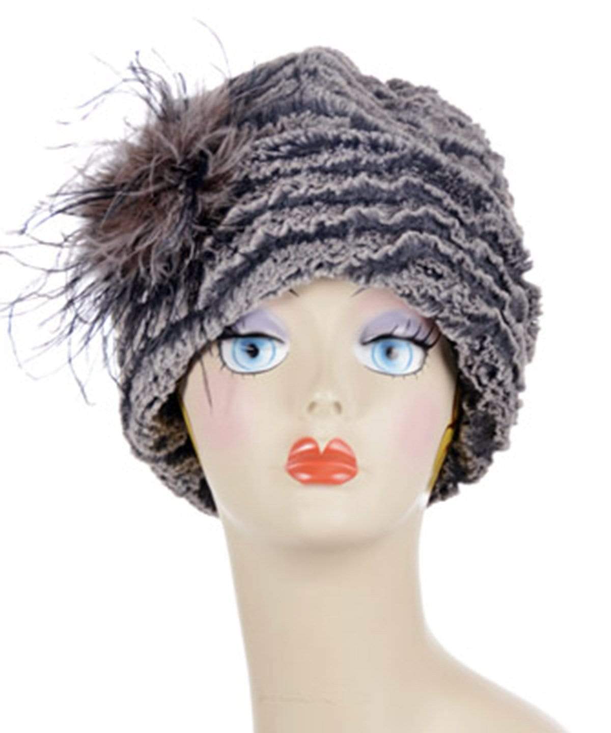 Beanie Hat reversible in Charcoal Desert Sand and Cuddly Black Faux Fur and Ostrich Feather Trim. Handmade by Pandemonium Millinery in Seattle, WA.