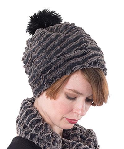 Woman modeling Beanie Hat reversible in Charcoal Desert Sand and Cuddly Black Faux Fur, uncuffed. Handmade by Pandemonium Millinery in Seattle, WA.