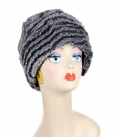 Beanie Hat reversible in Charcoal Desert Sand and Cuddly Black Faux Fur. Handmade by Pandemonium Millinery in Seattle, WA.