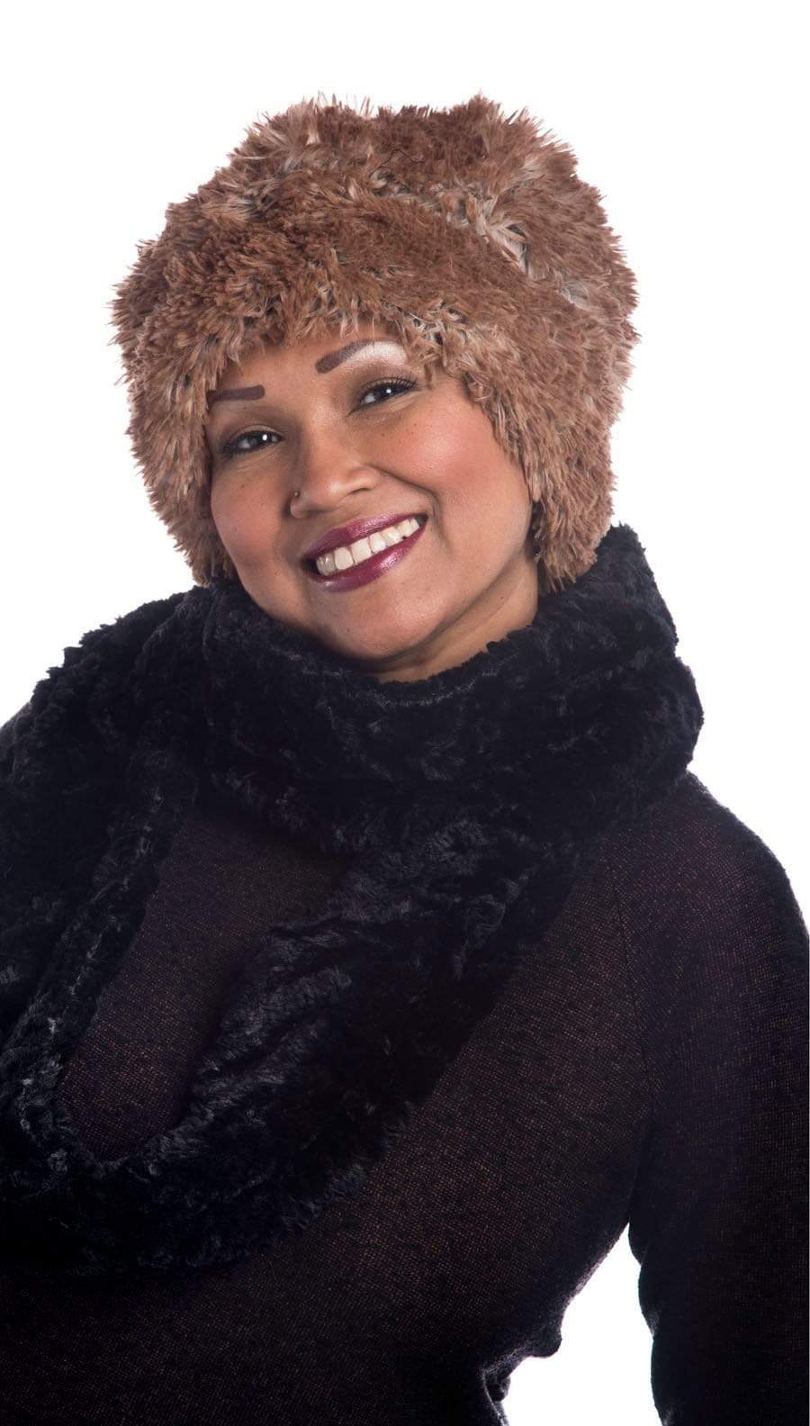 Woman modeling Beanie reversible in Red Fox and Cuddly Black Faux Fur. Handmade by Pandemonium Millinery in Seattle, WA.