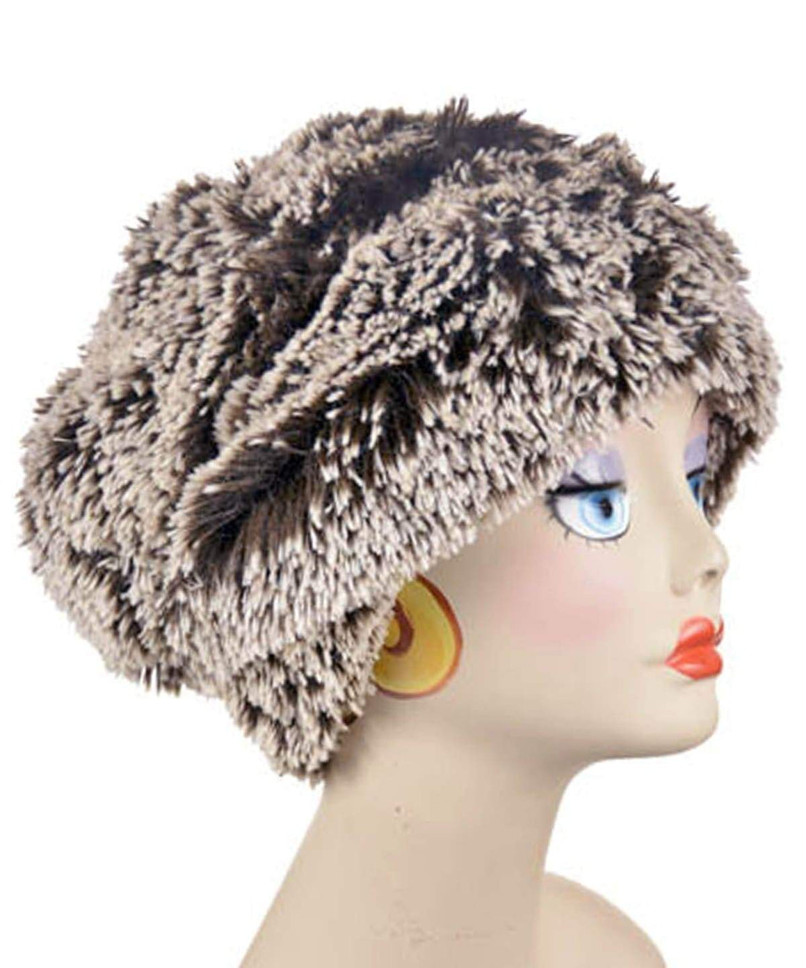 Beanie Hat reversible in Brown Fox and Cuddly Black Faux Fur, shown uncuffed. Handmade by Pandemonium Millinery in Seattle, WA.