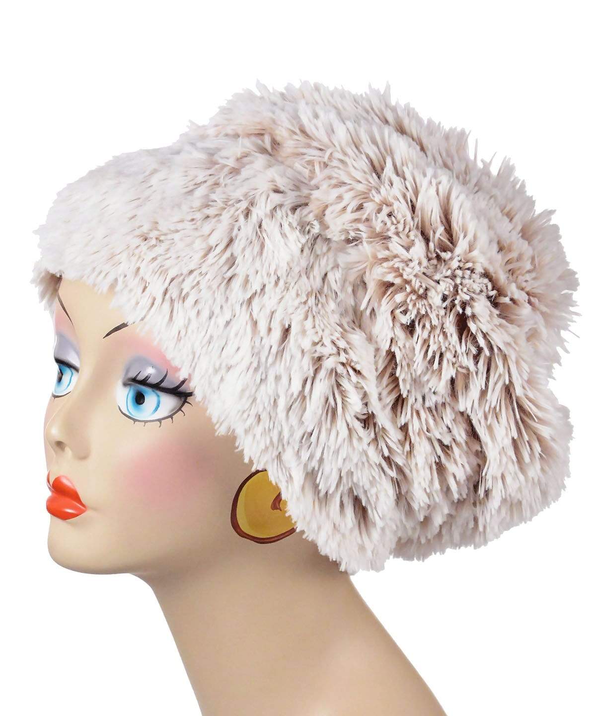Beanie Hat in Foxy Beach Fox Faux Fur, uncuffed. Handmade by Pandemonium Millinery in Seattle, WA.
