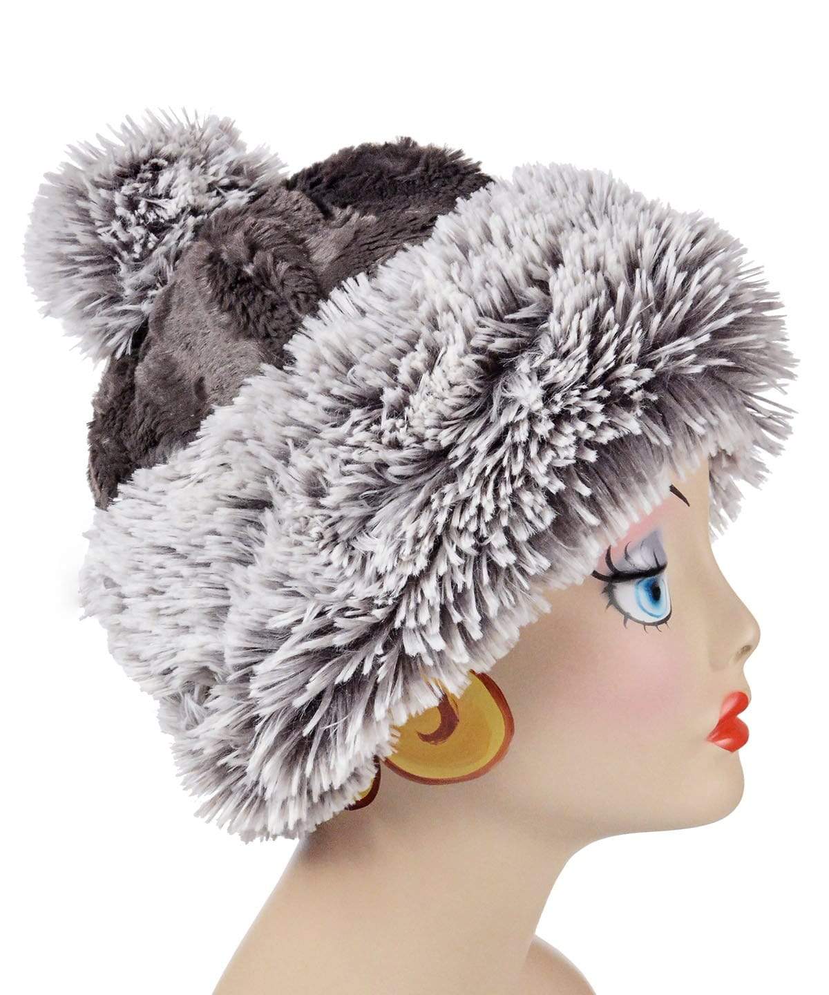 Beanie Hat  reversible in Pearl Fox and Cuddly Gray Faux Fur. Handmade by Pandemonium Millinery in Seattle, WA.