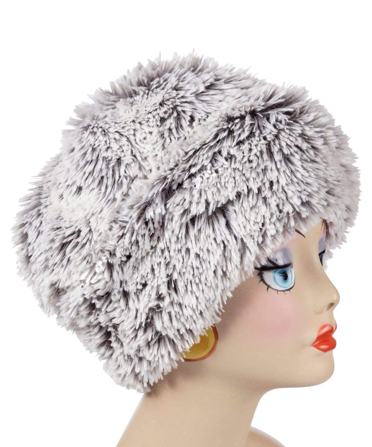 Side view of Beanie Hat in Pearl Fox Faux Fur, shown uncuffed. Handmade by Pandemonium Millinery in Seattle, WA.