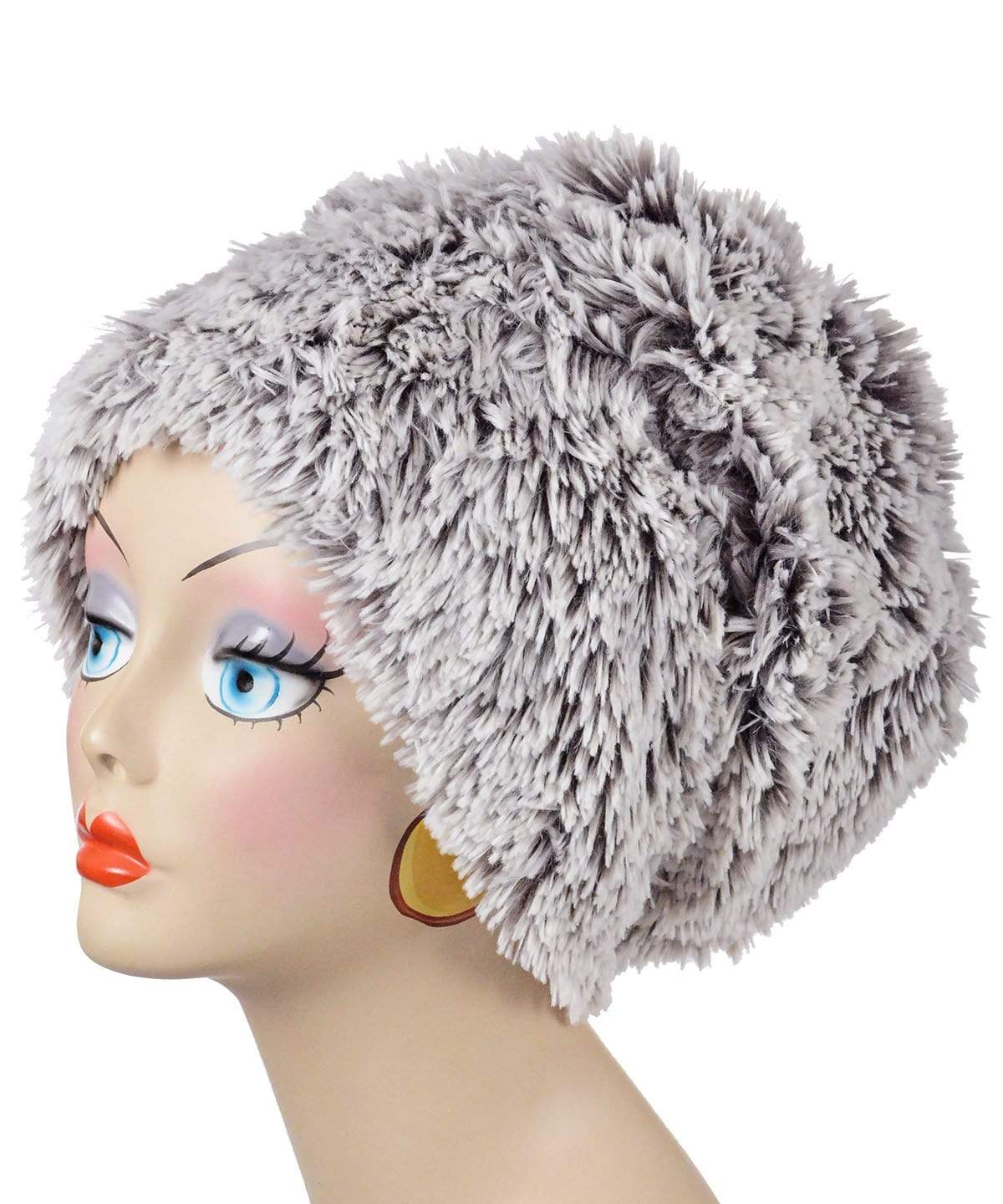 Beanie Hat in Pearl Fox Faux Fur, shown uncuffed. Handmade by Pandemonium Millinery in Seattle, WA.