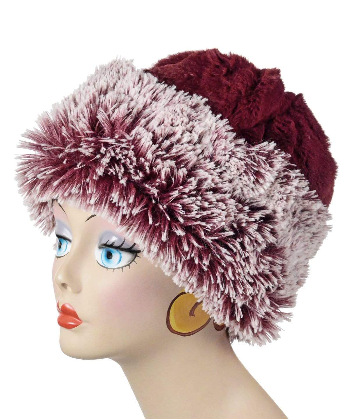Beanie Hat shown reversed in Cherry Cordial and Cranberry Fox Faux Fur with Pom. Handmade by Pandemonium Millinery in Seattle, WA.