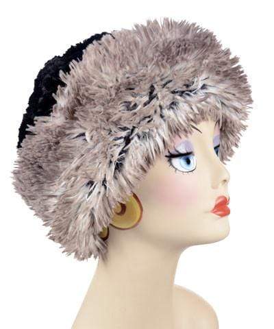 Beanie Hat shown reversed in Artic Fox and Cuddly Black Faux Fur. Handmade by Pandemonium Millinery in Seattle, WA.