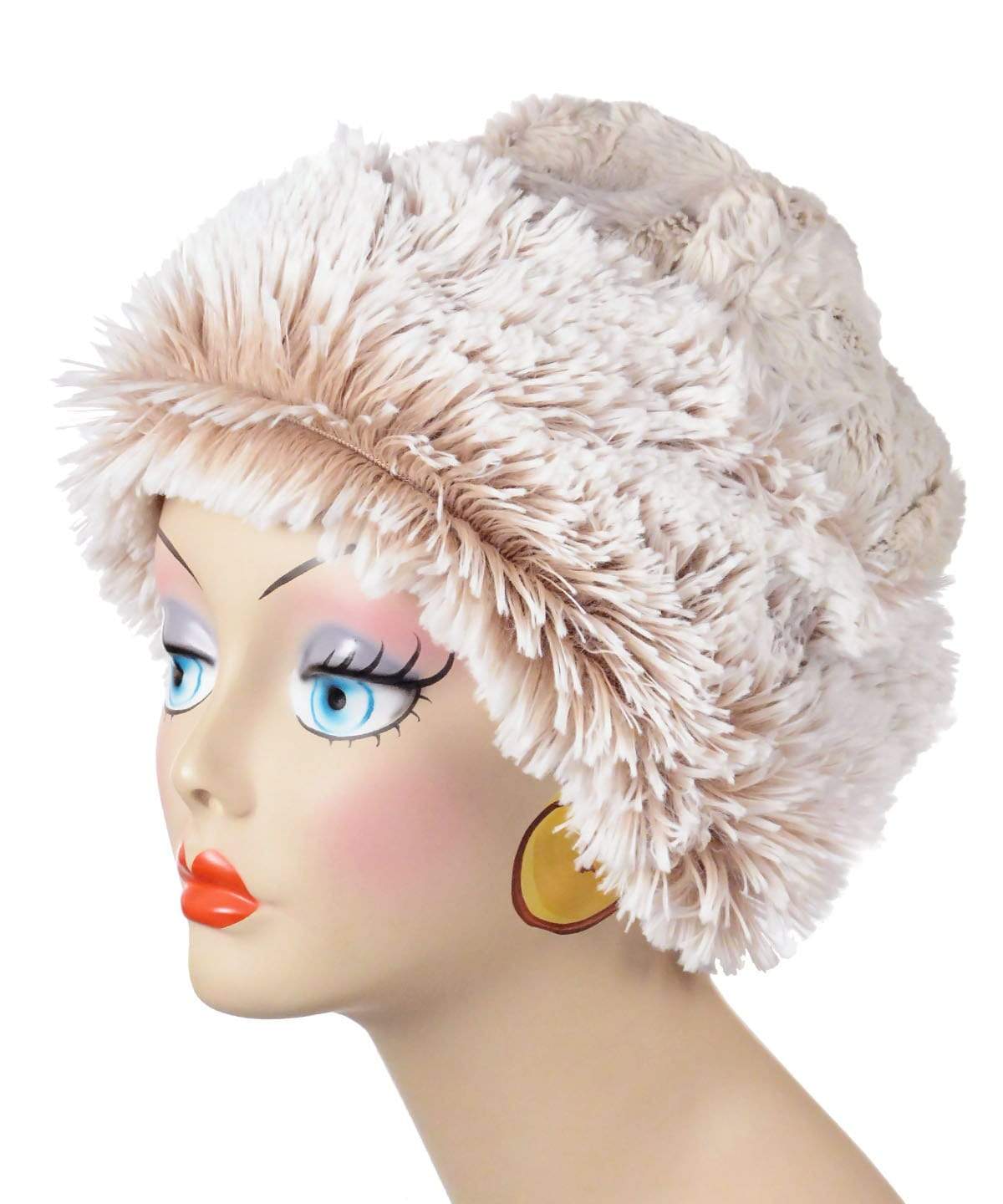 Beanie Hat in Foxy Beach Fox and Cuddly Sand Faux Fur. Handmade by Pandemonium Millinery in Seattle, WA.