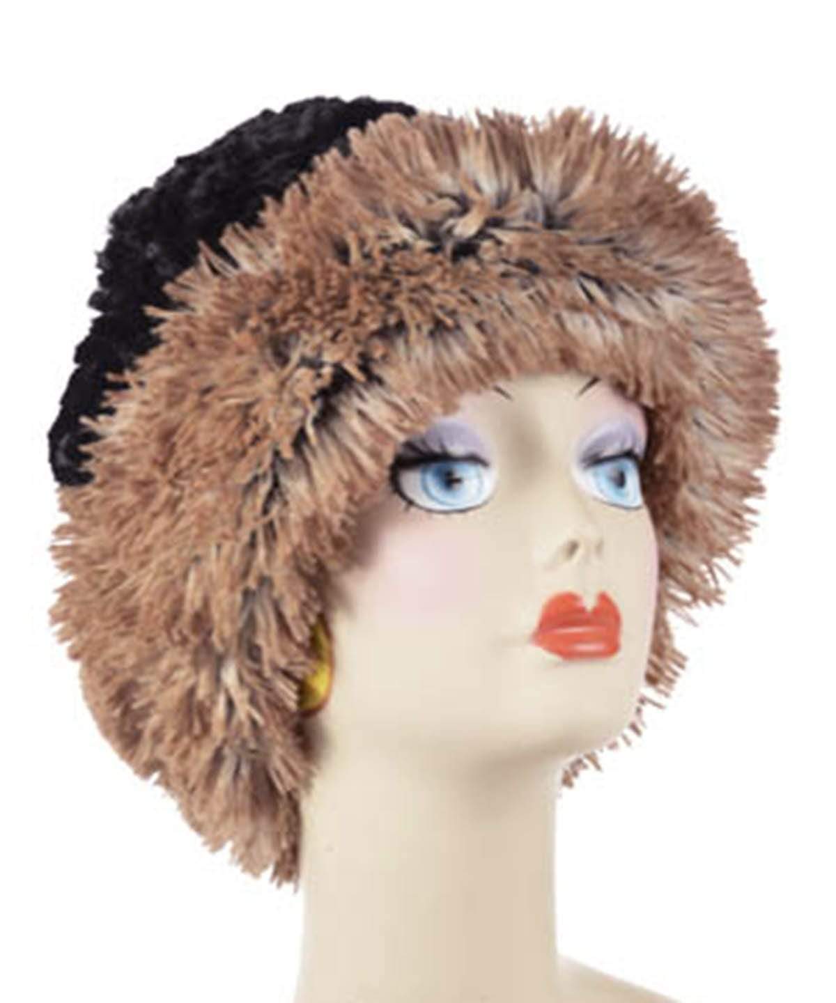 Beanie Hat shown reversed in Red Fox and Cuddly Black Faux Fur. Handmade by Pandemonium Millinery in Seattle, WA.