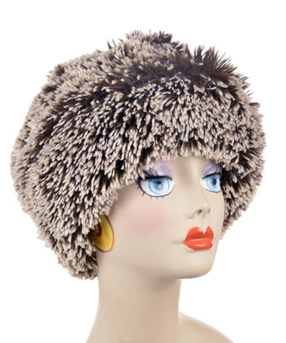 Beanie Hat reversible in Brown Fox and Cuddly Black Faux Fur. Handmade by Pandemonium Millinery in Seattle, WA.