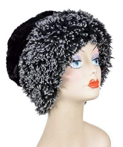 Beanie Hat shown reversed in Silver Tipped Black Fox and Cuddly Black Faux Fur. Handmade by Pandemonium Millinery in Seattle, WA.