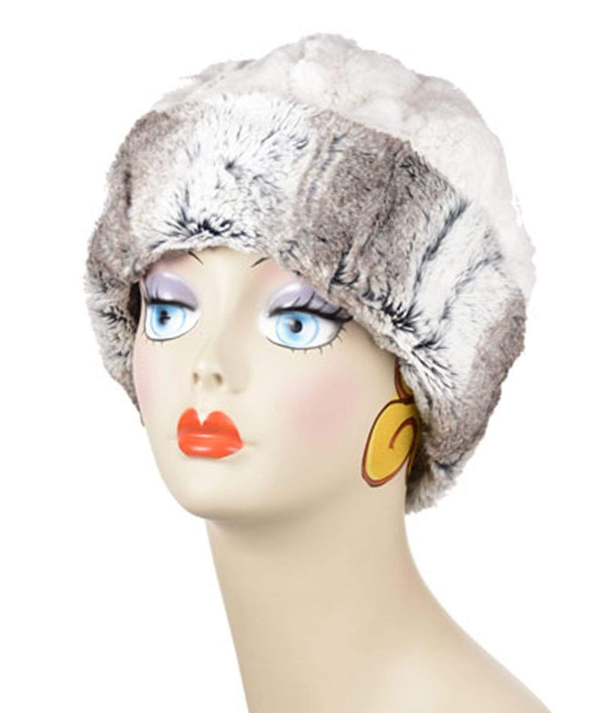 Beanie Hat reversible in Birch and Cuddly Ivory Faux Fur, shown cuffed. Handmade by Pandemonium Millinery in Seattle, WA.
