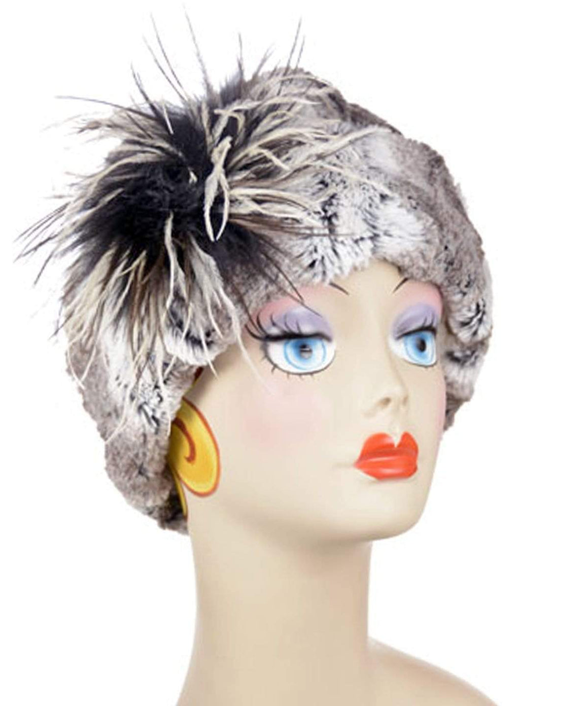 Beanie Hat reversible in Birch and Cuddly Ivory Faux Fur with Feather Trim. Handmade by Pandemonium Millinery in Seattle, WA.