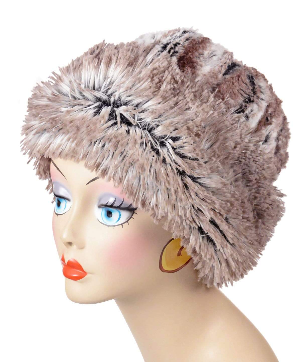 Beanie Hat reversible in Birch and Artic Fox Faux Fur. Handmade by Pandemonium Millinery in Seattle, WA.