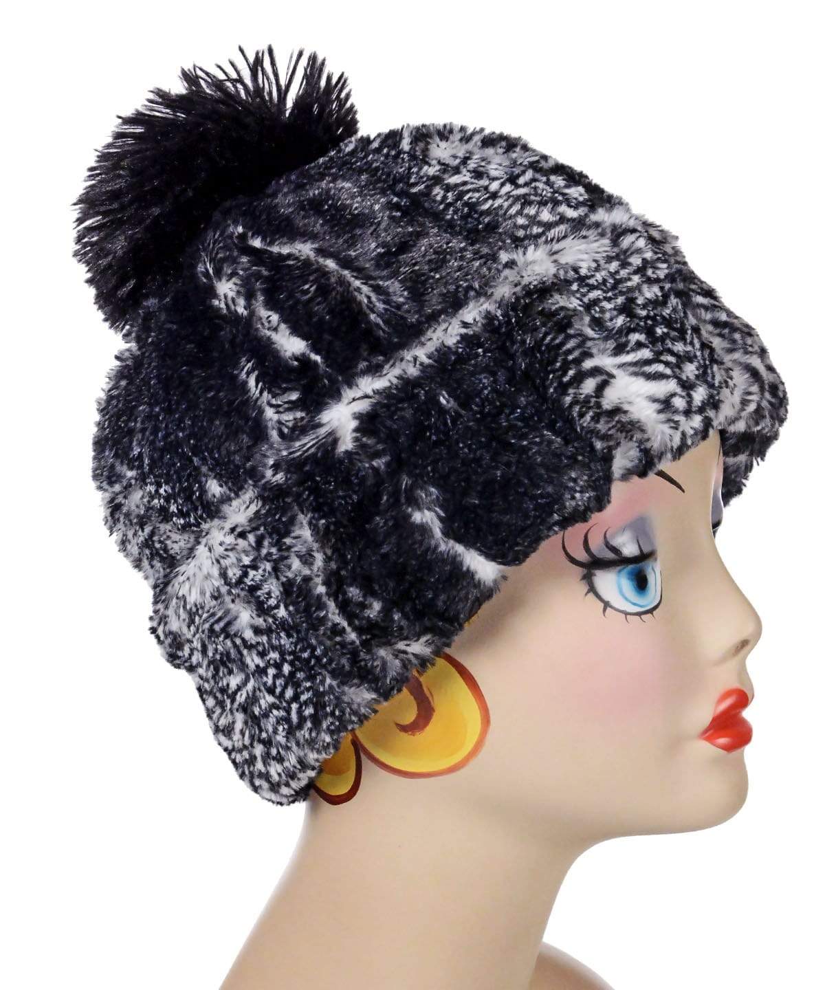 Beanie Hat reversible in Black Mamba and Cuddly Black Faux Fur with Pom. Handmade by Pandemonium Millinery in Seattle, WA.