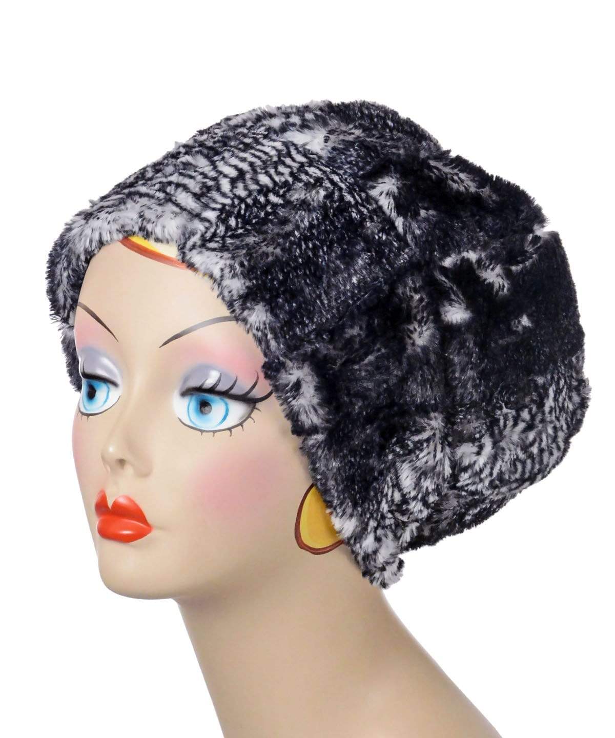 Beanie Hat reversible in Black Mamba and Cuddly Black Faux Fur, shown uncuffed. Handmade by Pandemonium Millinery in Seattle, WA.