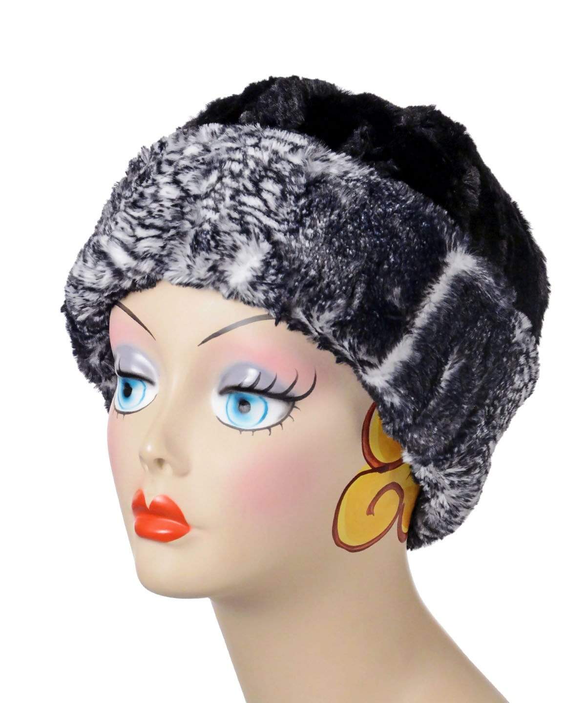 Beanie Hat shown reversed in Black Mamba and Cuddly Black Faux Fur. Handmade by Pandemonium Millinery in Seattle, WA.