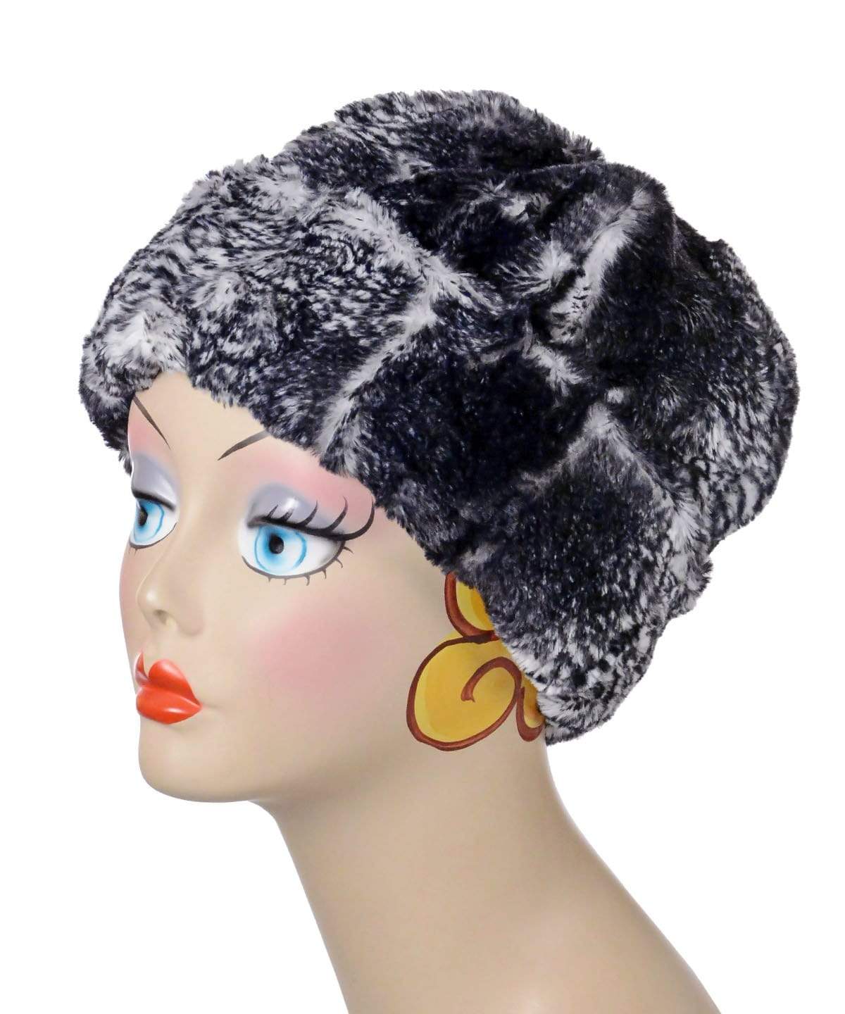Beanie Hat reversible in Black Mamba and Cuddly Black Faux Fur. Handmade by Pandemonium Millinery in Seattle, WA.