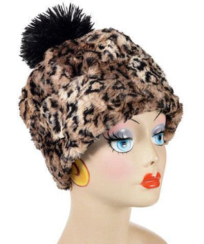 Beanie Hat reversible in Carpathian Lynx and Cuddly Black Faux Fur with Pom. Handmade by Pandemonium Millinery in Seattle, WA.