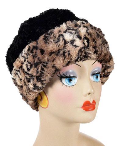 Beanie Hat shown reversed in Carpathian Lynx and Cuddly Black Faux Fur. Handmade by Pandemonium Millinery in Seattle, WA.