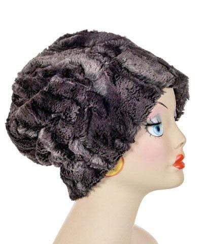 Side view of Beanie Hat reversible in Espresso Bean and Cuddly Black Faux Fur. Handmade by Pandemonium Millinery in Seattle, WA.