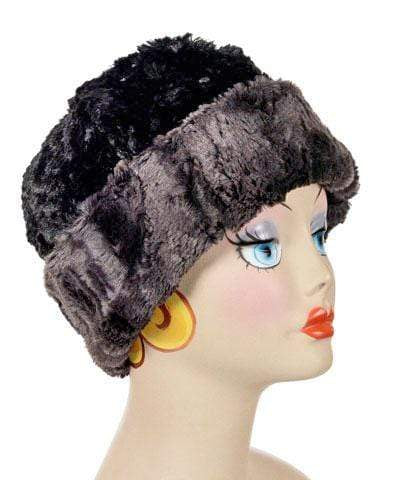 Beanie Hat shown reversed in Espresso Bean and Cuddly Black Faux Fur. Handmade by Pandemonium Millinery in Seattle, WA.