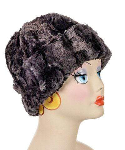 Side view of Beanie Hat reversible in Espresso Bean and Cuddly Black Faux Fur. Handmade by Pandemonium Millinery in Seattle, WA.