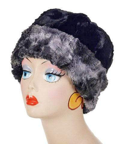Beanie Hat, shown reversed in Luxury Faux Fur - Skye and Cuddly Black. Pandemonium Millinery in Seattle, WA.