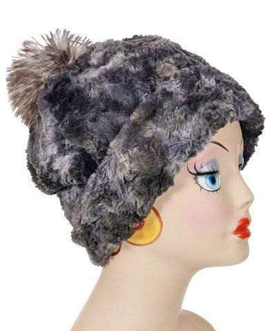 Beanie Hat, shown reversed in Luxury Faux Fur - Skye and Cuddly Black with Pom. Pandemonium Millinery in Seattle, WA.