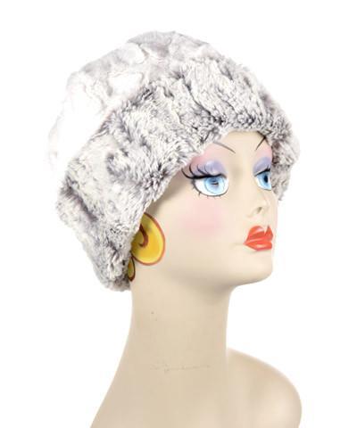 Beanie Hat, Reversible - Luxury Faux Fur in Khaki lined in Cuddly Ivory. Shown in reverse by Pandemonium Millinery