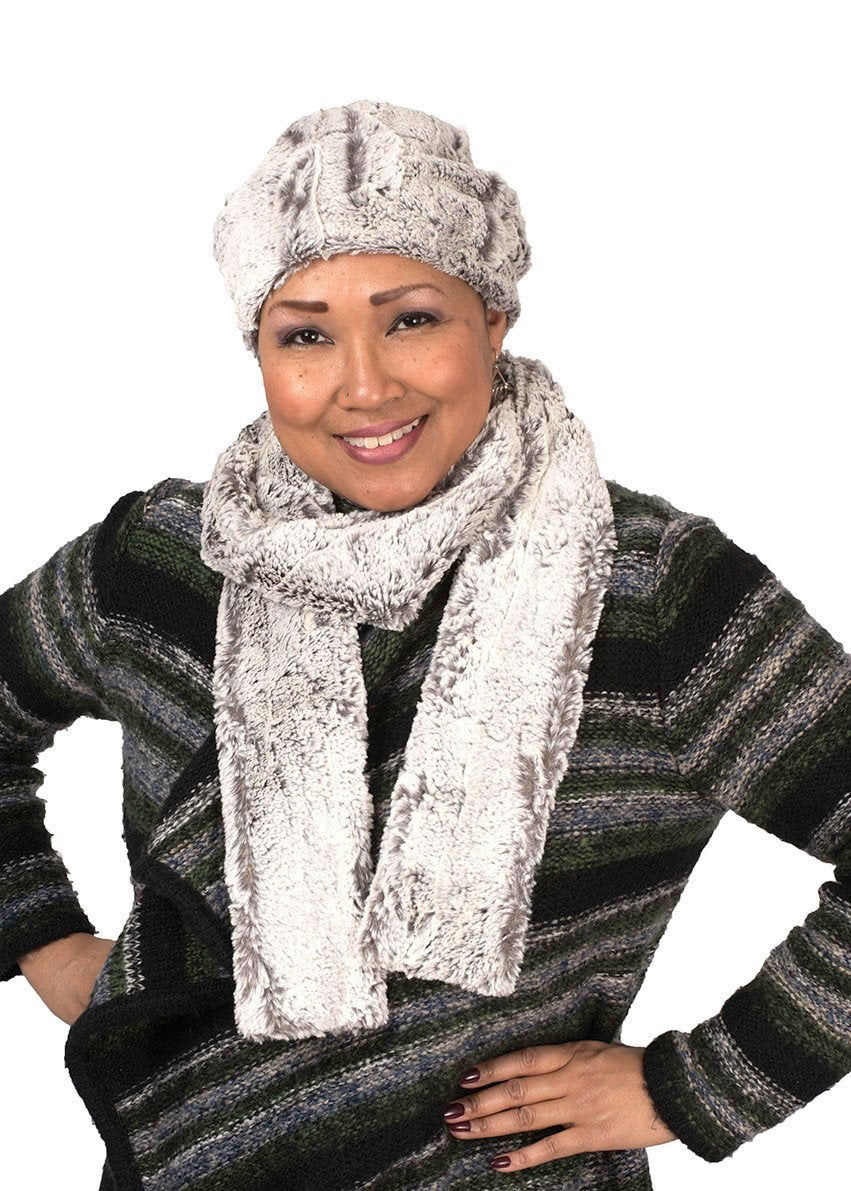 Woman wearing Beanie Hat, Reversible - Luxury Faux Fur in Khaki lined in Cuddly Ivory. By Pandemonium Millinery