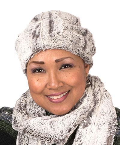 Woman wearing Beanie Hat, Reversible - Luxury Faux Fur in Khaki lined in Cuddly Ivory. By Pandemonium Millinery