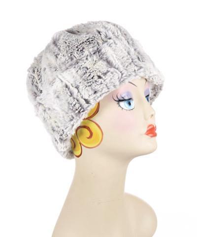 Woman wearing Beanie Hat, Reversible - Luxury Faux Fur in Khaki lined in Cuddly Ivory. By Pandemonium Millinery