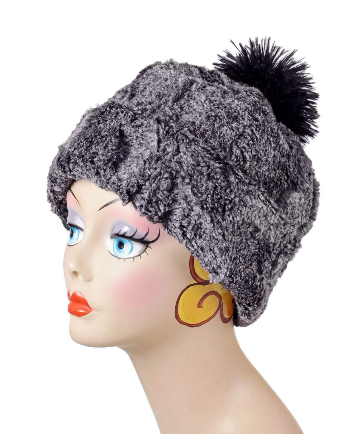 Beanie Hat, reversible - Luxury Faux Fur in Nimbus lined in Cuddly Black with Pom. By Pandemonium Millinery