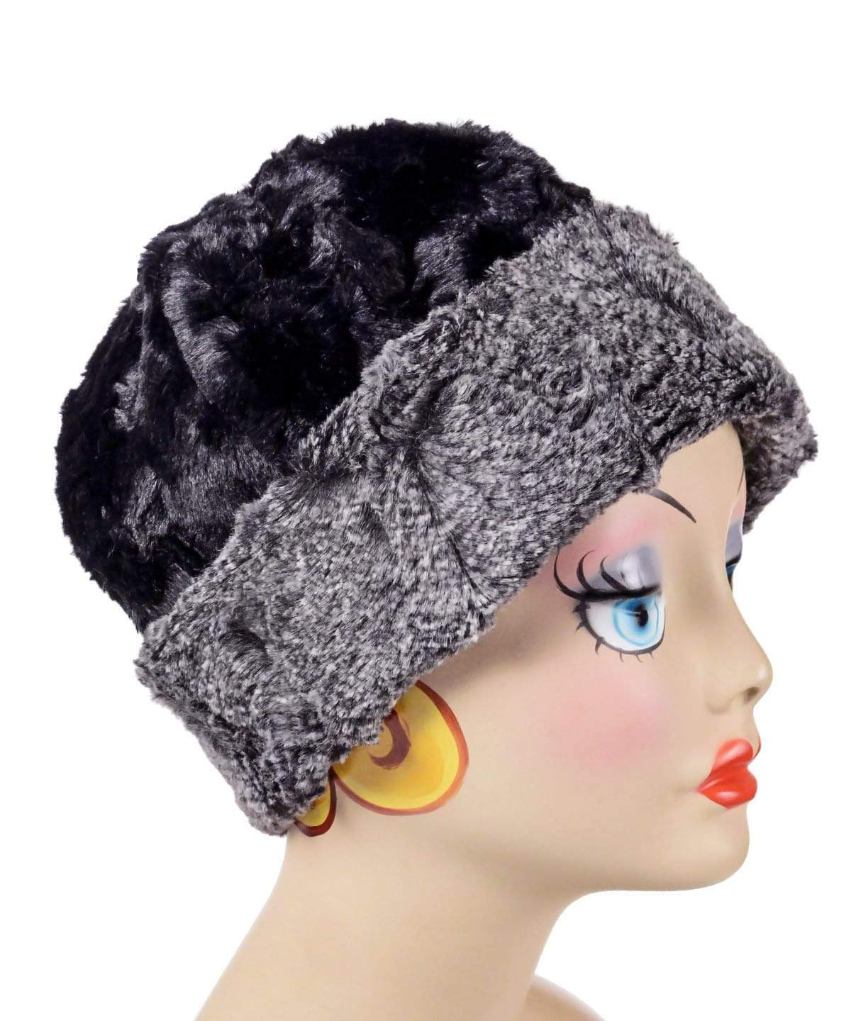 Beanie Hat, shown reversed in Luxury Faux Fur - Nimbus and Cuddly Black. Pandemonium Millinery in Seattle, WA.
