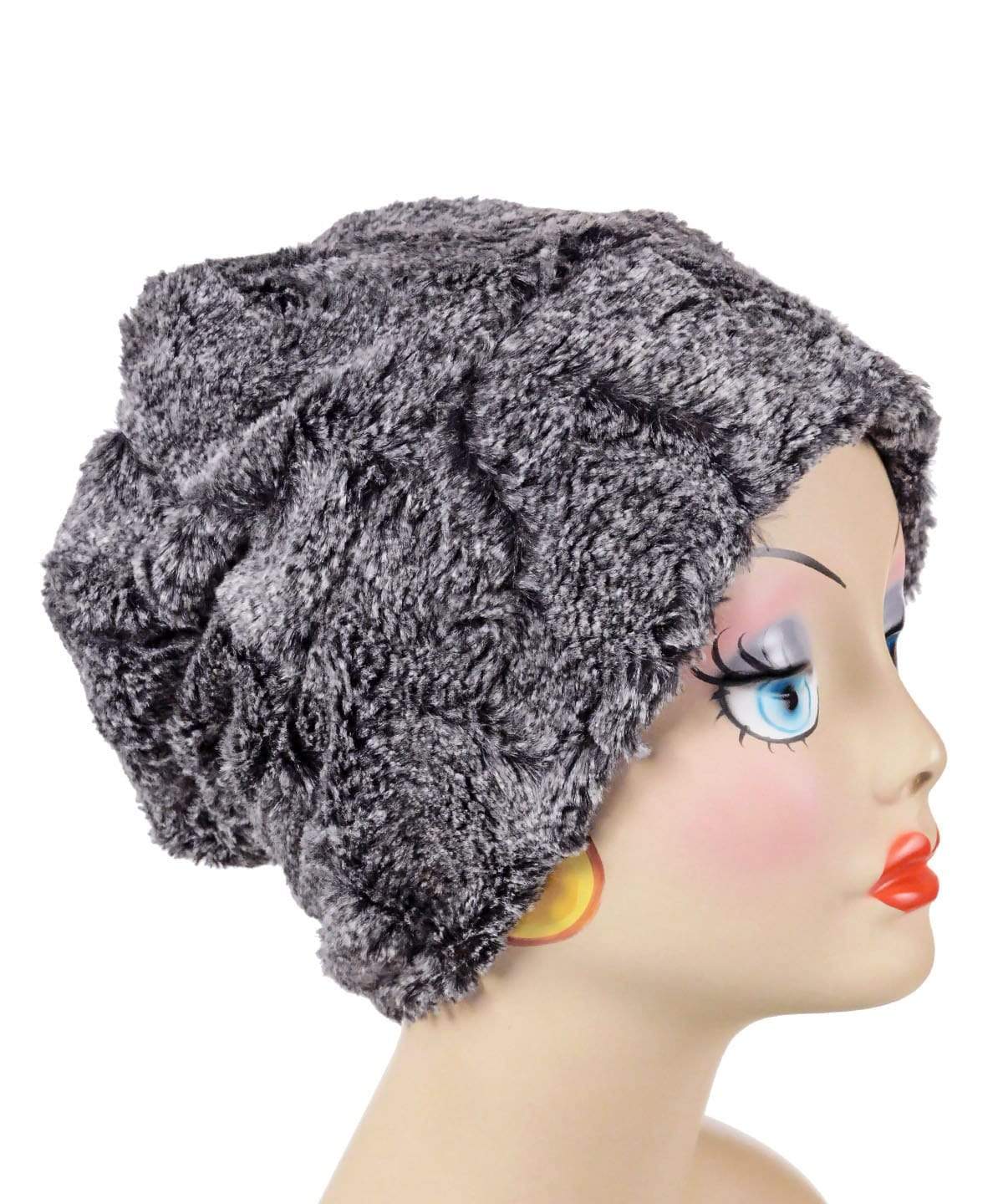 Beanie Hat, reversible - Luxury Faux Fur in Nimbus lined in Cuddly Black, shown uncuffed. By Pandemonium Millinery