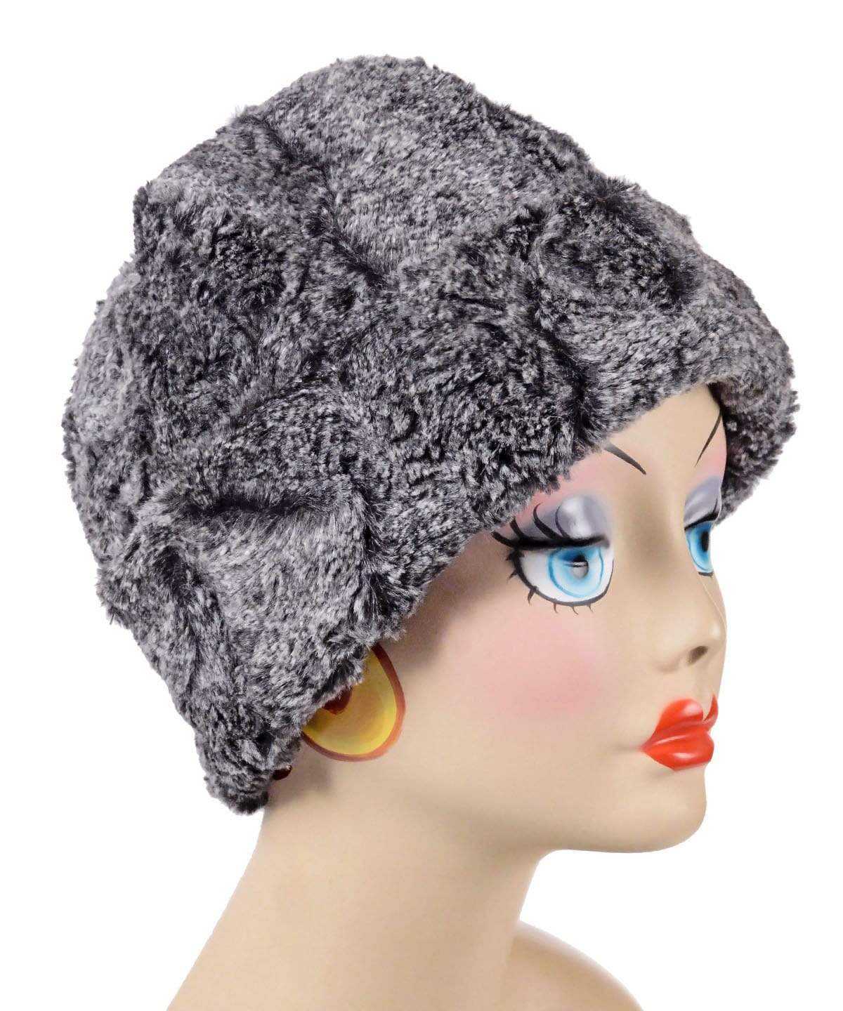 Beanie Hat, reversible - Luxury Faux Fur in Nimbus lined in Cuddly Black, shown uncuffed. By Pandemonium Millinery