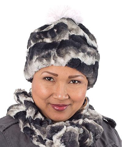 Beanie Hat, reversible - Luxury Faux Fur in Ocean Mist lined in Cuddly Ivory with Pom. By Pandemonium Millinery