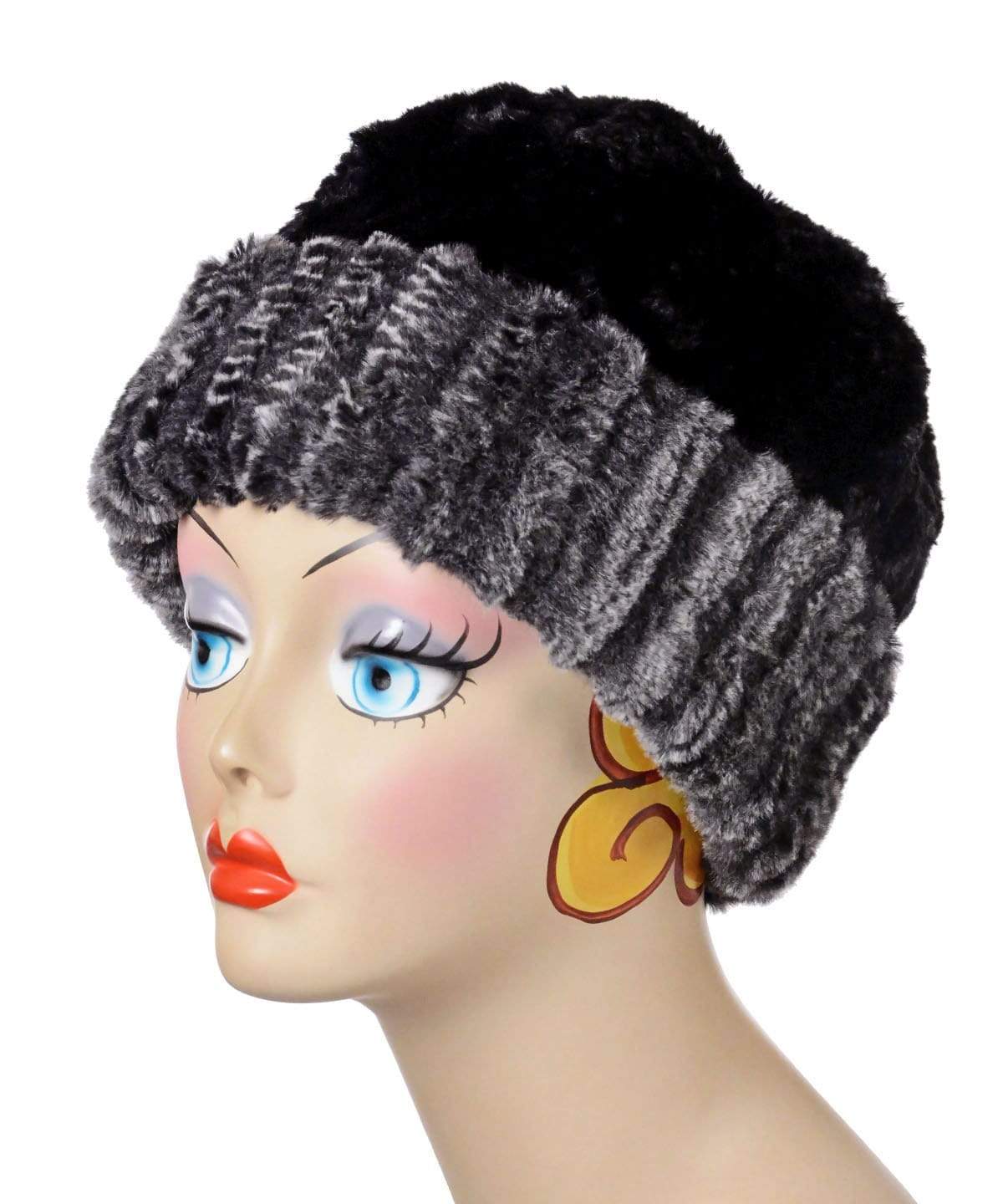 Beanie Hat, shown reversed in Luxury Faux Fur – Rattle N Shake and Cuddly Black. Pandemonium Millinery in Seattle, WA.