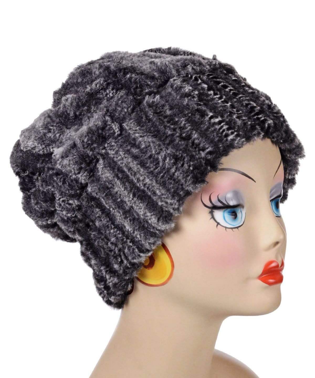Beanie Hat, Reversible - Luxury Faux Fur in Rattle N Shake Lined in Cuddly Faux Fur in Black. By Pandemonium Millinery
