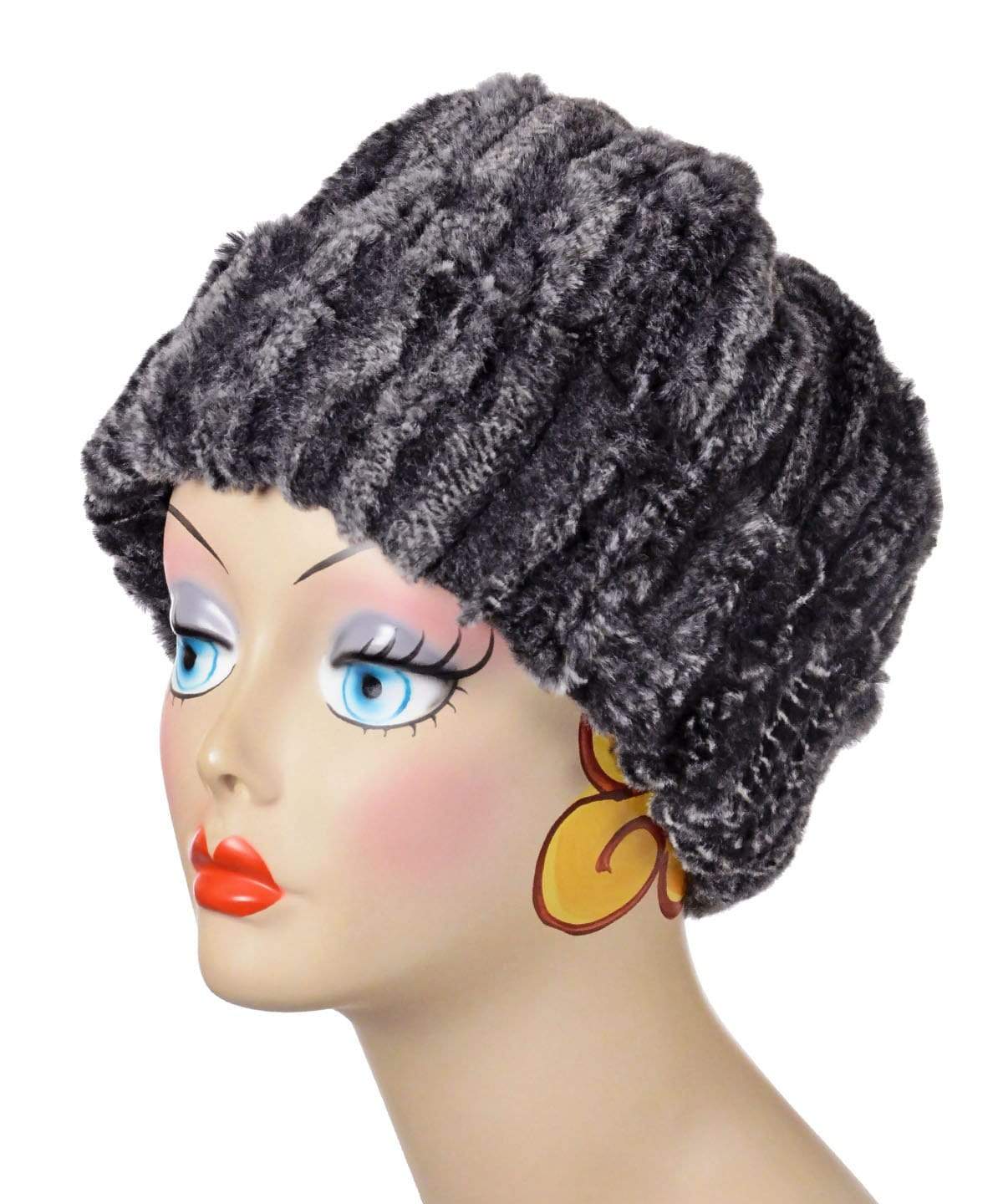 Beanie Hat, Reversible - Luxury Faux Fur in Rattle N Shake Lined in Cuddly Faux Fur in Black - By Pandemonium Millinery