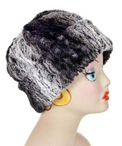Side view of Beanie Hat, reversible - Luxury Faux Fur in Smouldering Sequoia lined in Cuddly Black. By Pandemonium Millinery