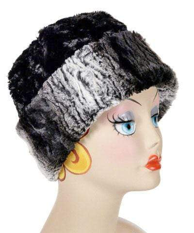 Beanie Hat, shown reversed in Luxury Faux Fur – Smouldering Sequoia and Cuddly Black. Pandemonium Millinery in Seattle, WA.