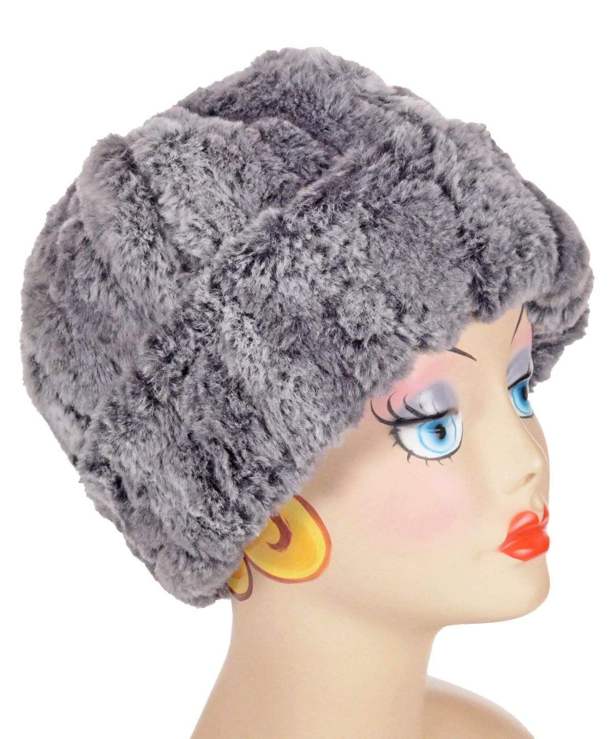 Beanie Hat, shown reversed in Luxury Faux Fur – Stormy Night and Cuddly Black. Pandemonium Millinery in Seattle, WA.