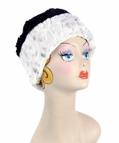 Beanie Hat, shown reversed in Luxury Faux Fur – Winter’s Frost and Cuddly Black. Pandemonium Millinery in Seattle, WA.