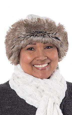 Woman modeling Beanie Hat, shown reversed in Luxury Faux Fur – Winter’s Frost and Arctic Frost. Pandemonium Millinery in Seattle, WA.