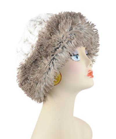 Beanie Hat, shown reversed in Luxury Faux Fur – Winter’s Frost and Arctic Frost. Pandemonium Millinery in Seattle, WA.