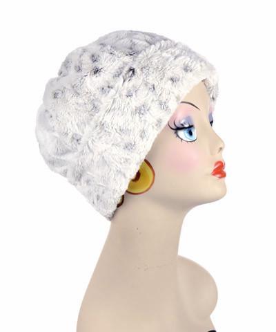 Beanie Hat, reversible - Luxury Faux Fur in Winter’s Frost lined in Cuddly Black. By Pandemonium Millinery
