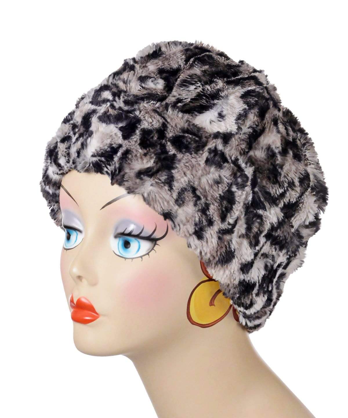 Women's Reversible Beanie on mannequin | Savannah Cat Faux Fur with Cuddly Black | Handmade USA by Pandemonium Seattle